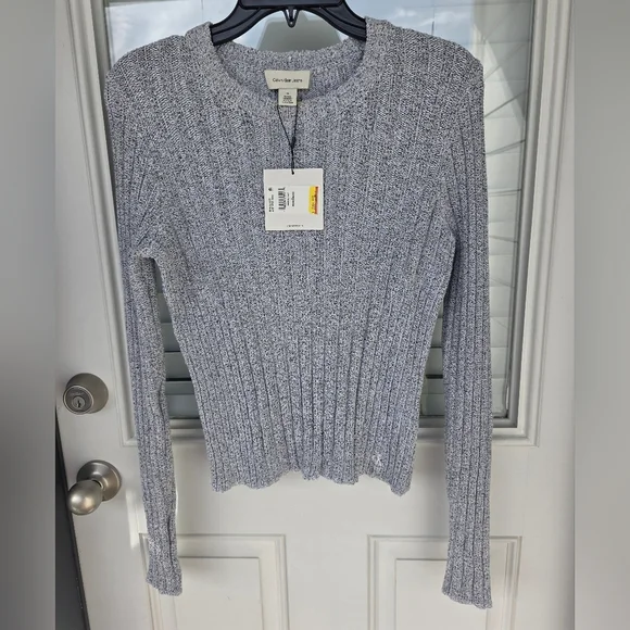 $120 Calvin Klein Women Light Gray Ribbed Sweater Sz M NWT Cozy Cotton Blend - Picture 3 of 11